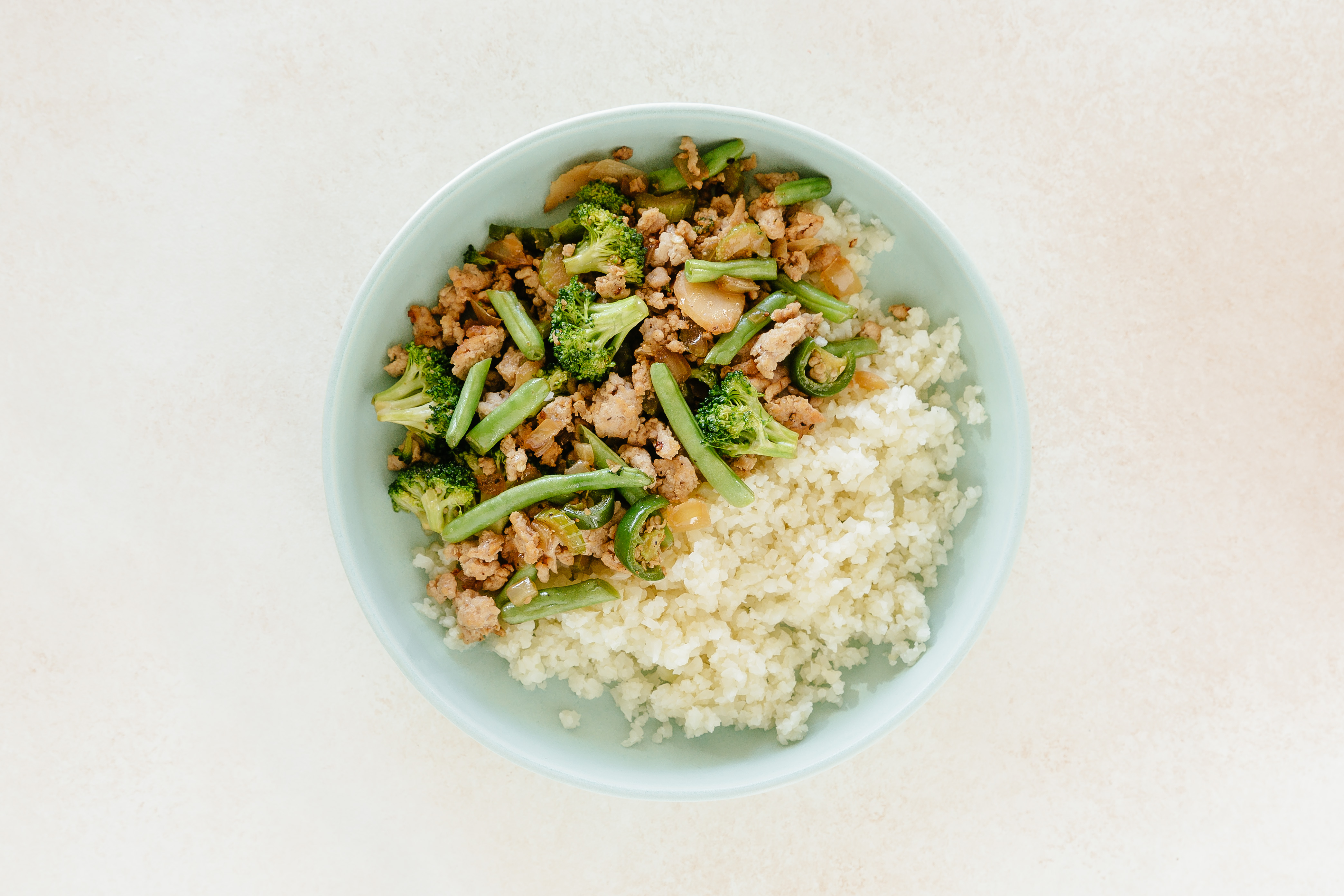 Seasoned Ground Chicken Stir Fry with Ginger Cauliflower Rice